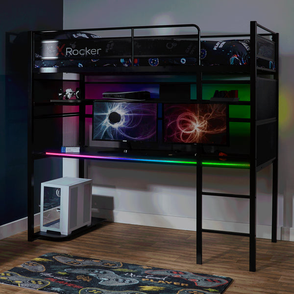 Gaming high sleeper bunk bed with app-controlled RGB LED lights, a spacious desk, and a modern black metal frame.