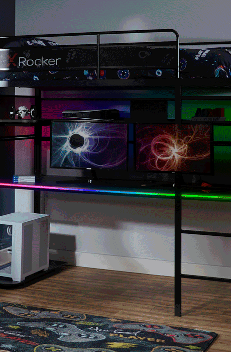 Gaming high sleeper bunk bed with app-controlled RGB LED lights, a spacious desk, and a modern black metal frame.