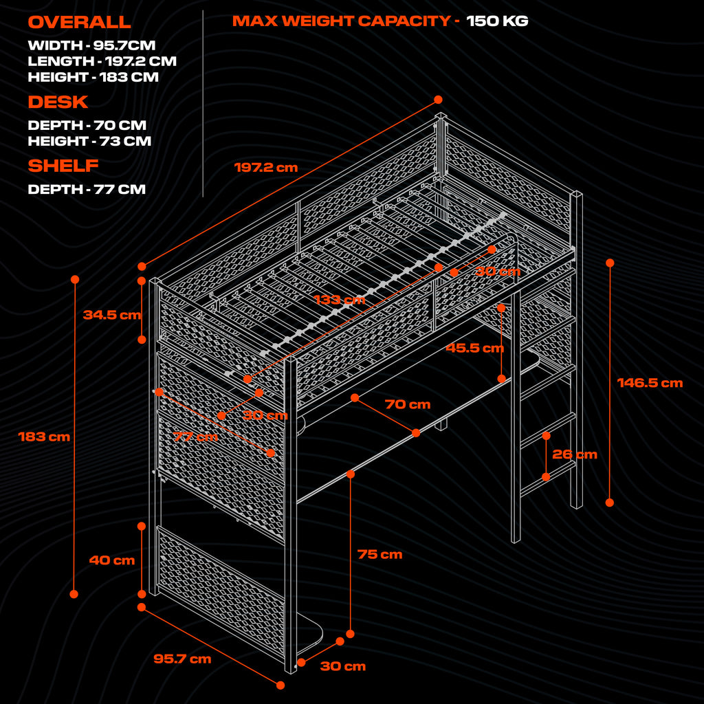 RGB gaming bunk bed with customizable app-controlled lights, a study and gaming desk, and a sleek black finish