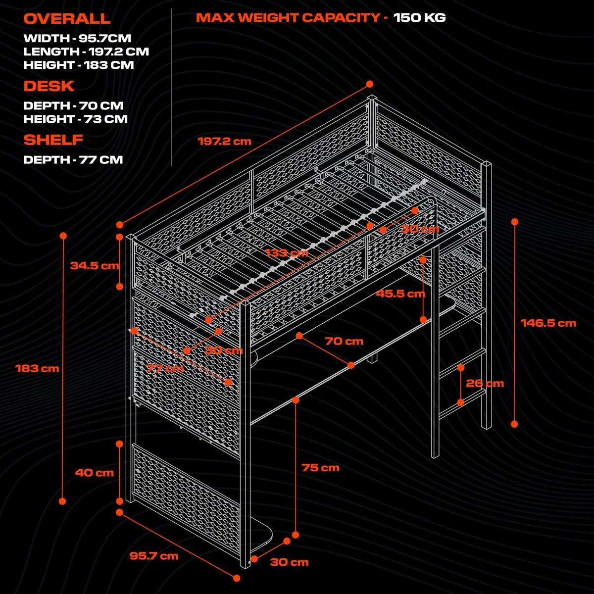 RGB gaming bunk bed with customizable app-controlled lights, a study and gaming desk, and a sleek black finish