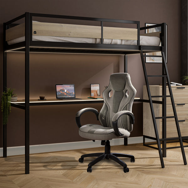 Denver LED High Sleeper Single Bunk Bed with Desk - Oak / Black RGB