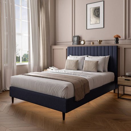 Maisie Upholstered Bed Frame with LED Lighting - Navy Blue (2 Sizes)