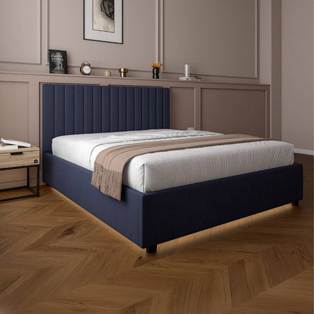 Maisie Upholstered Ottoman Bed with LED Lighting - Navy Blue (2 Sizes)