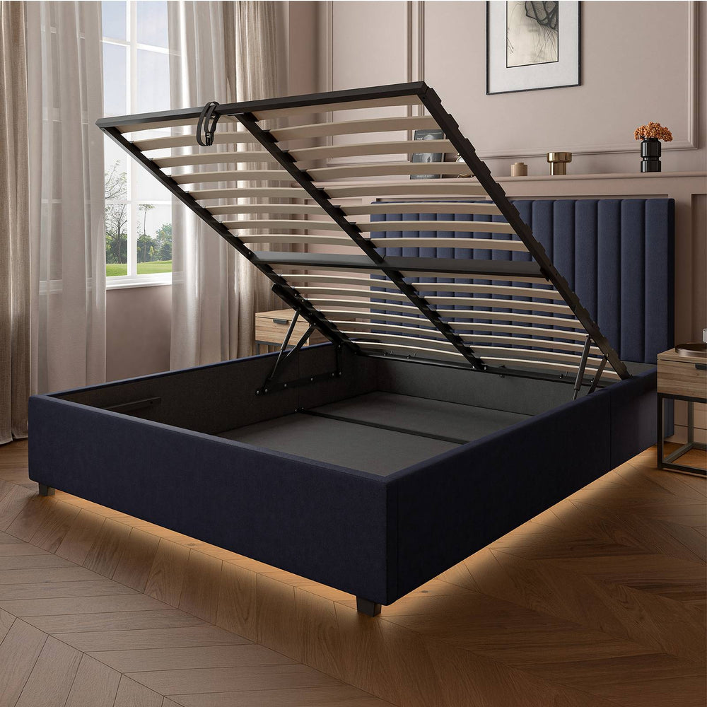 Maisie Upholstered Ottoman Bed with LED Lighting - Navy Blue (2 Sizes)