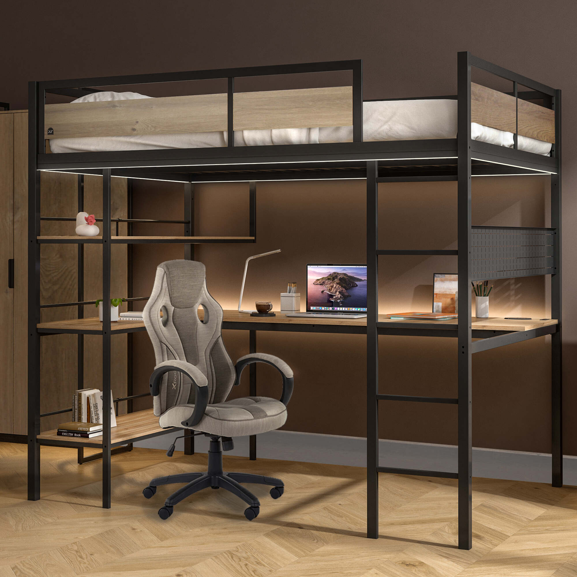 Denver LED High Sleeper Double Bunk Bed with Desk - Oak / Black RGB