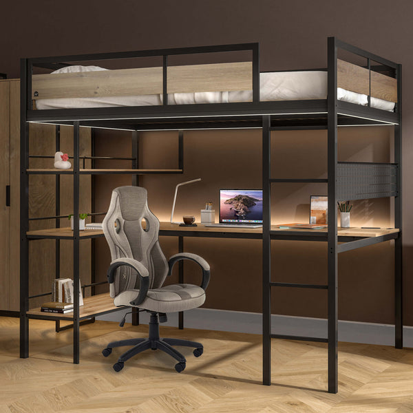 Denver LED High Sleeper Double Bunk Bed with Desk - Oak / Black RGB