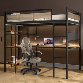 Denver LED High Sleeper Double Bunk Bed with Desk - Oak / Black RGB