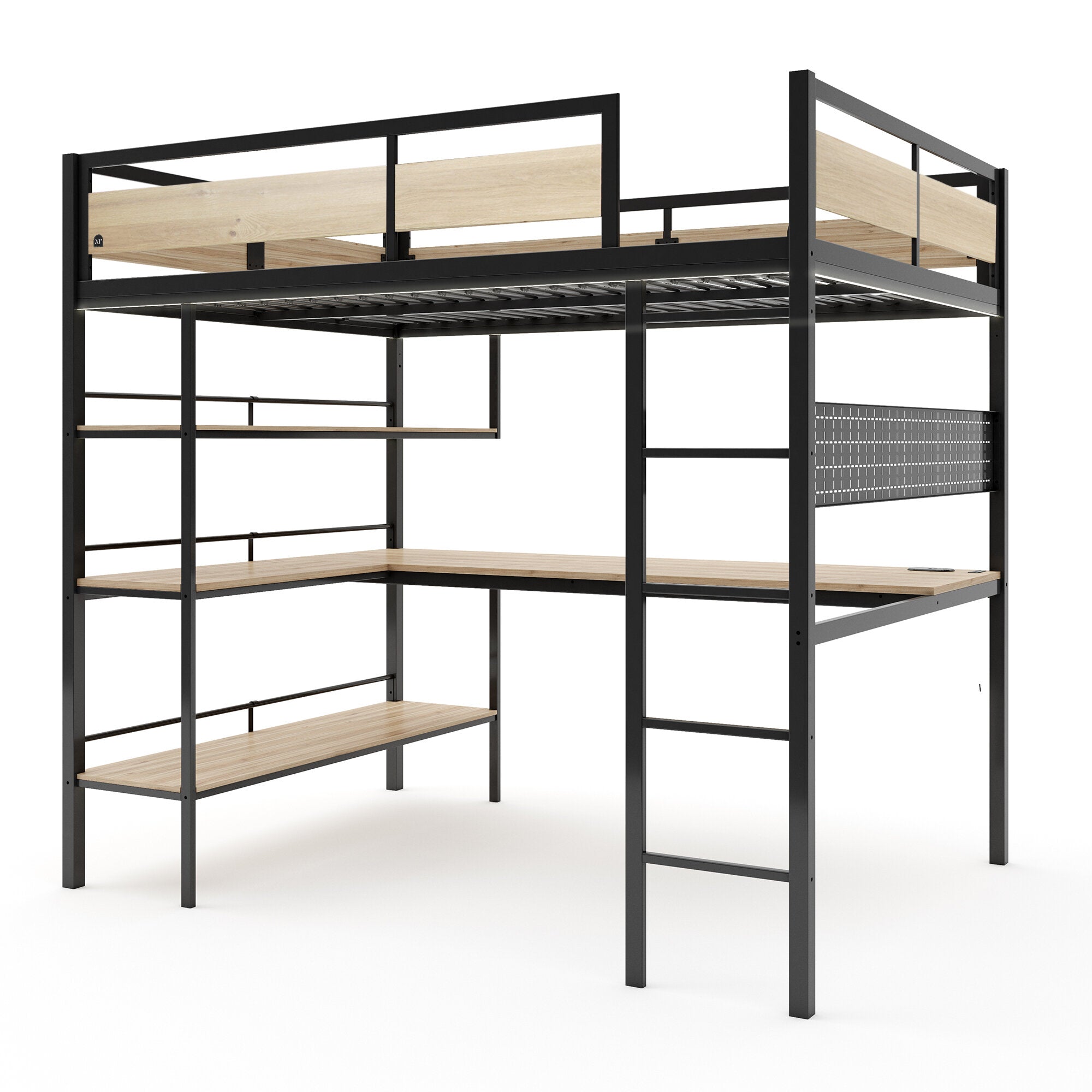 Denver LED High Sleeper Double Bunk Bed with Desk - Oak / Black RGB