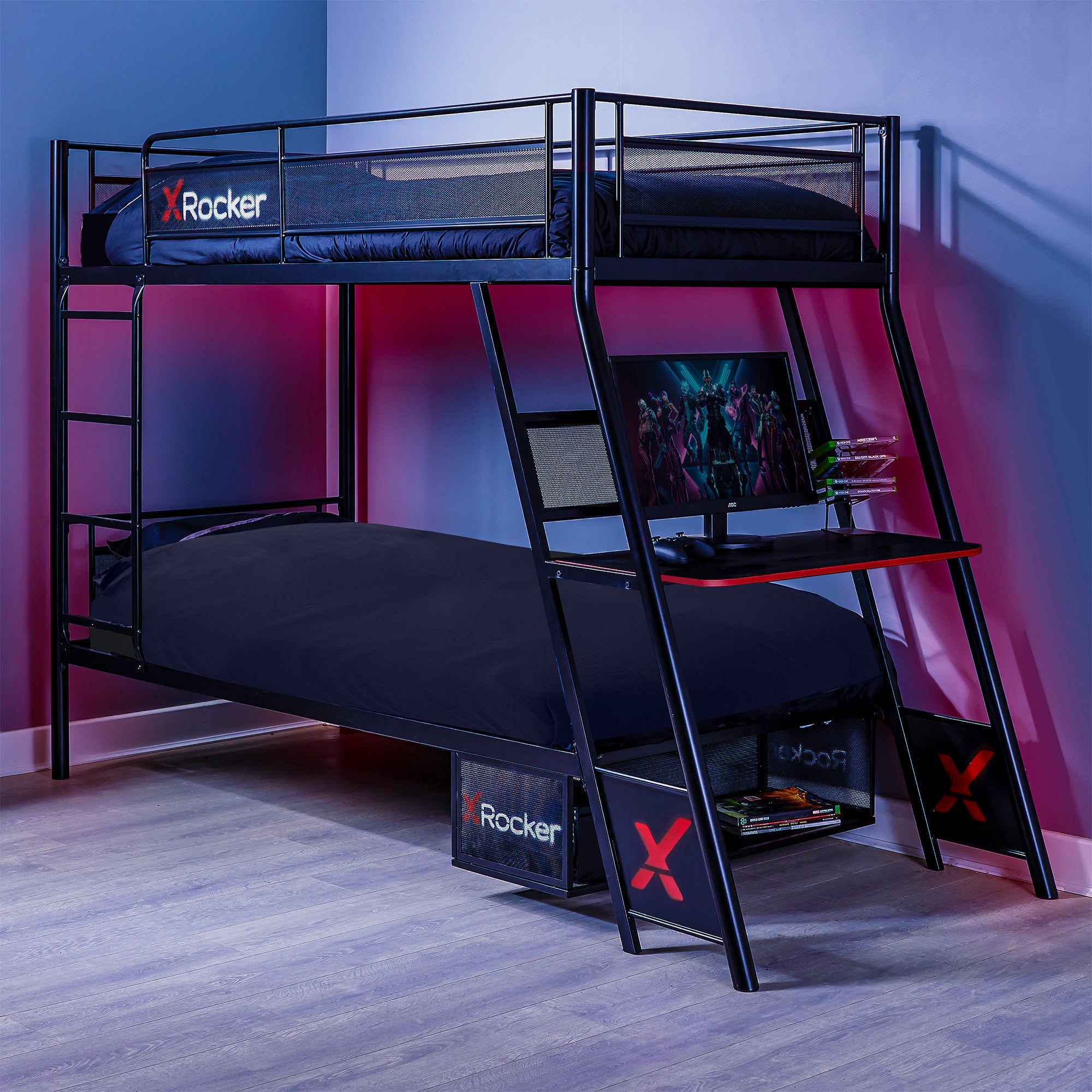 Black bunk bed with X rocker branding in a room with pink and blue walls.