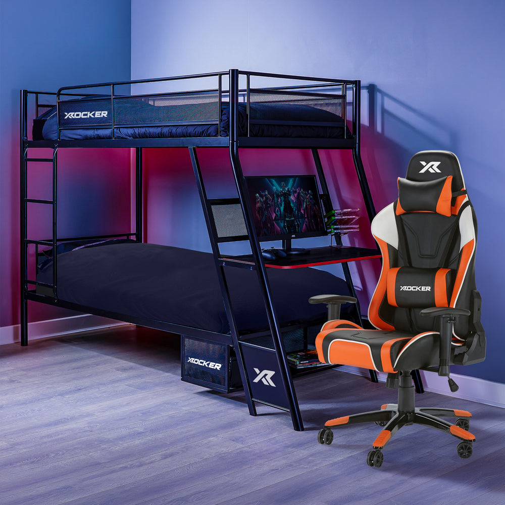Agility Esport Gaming Chair and Armada Dual Bunk Bed with Gaming Desk - Orange