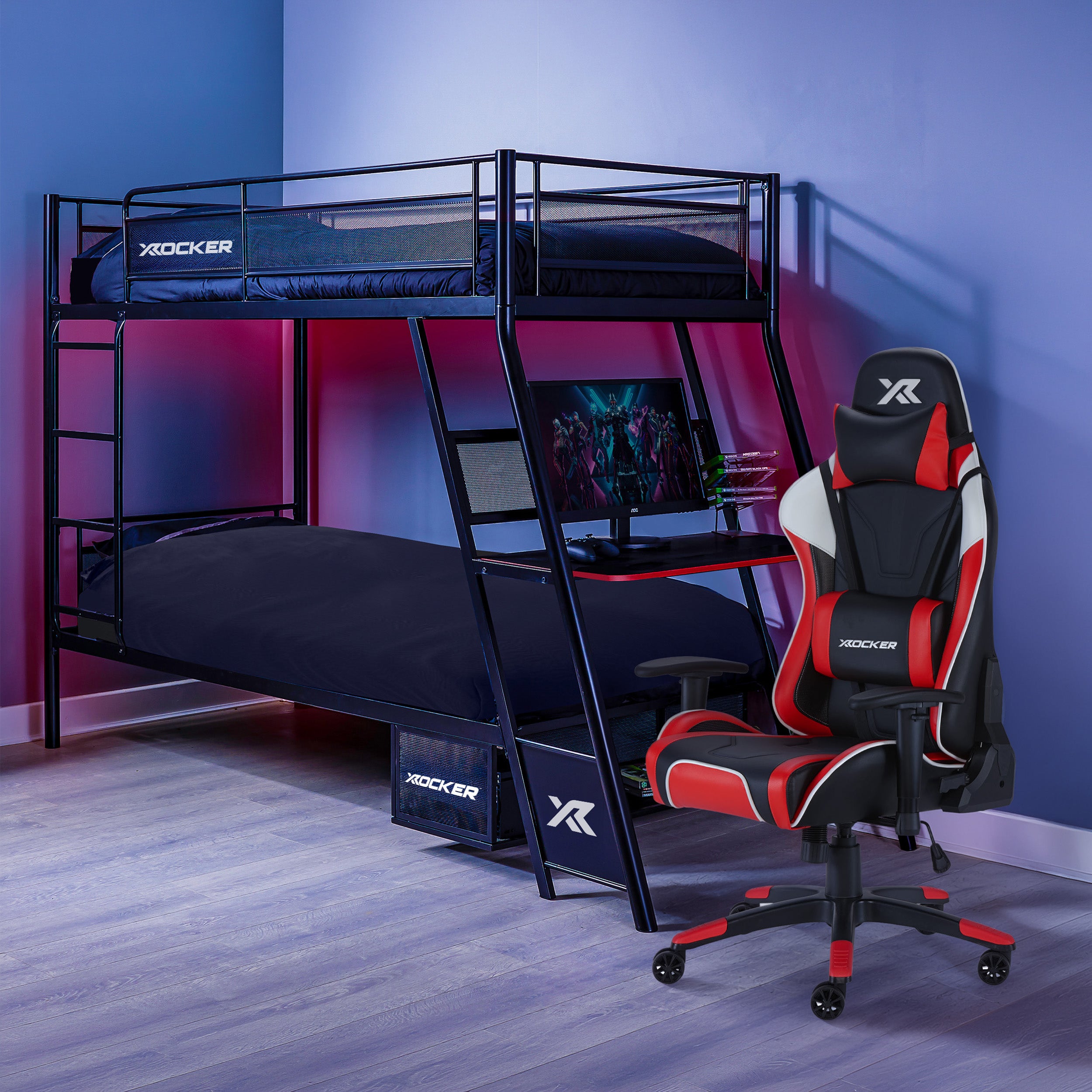 Agility Esport Gaming Chair and Armada Dual Bunk Bed with Gaming Desk