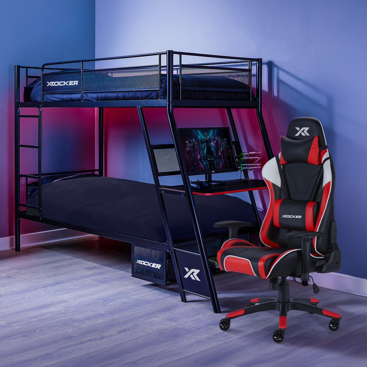 Agility Esport Gaming Chair and Armada Dual Bunk Bed with Gaming Desk