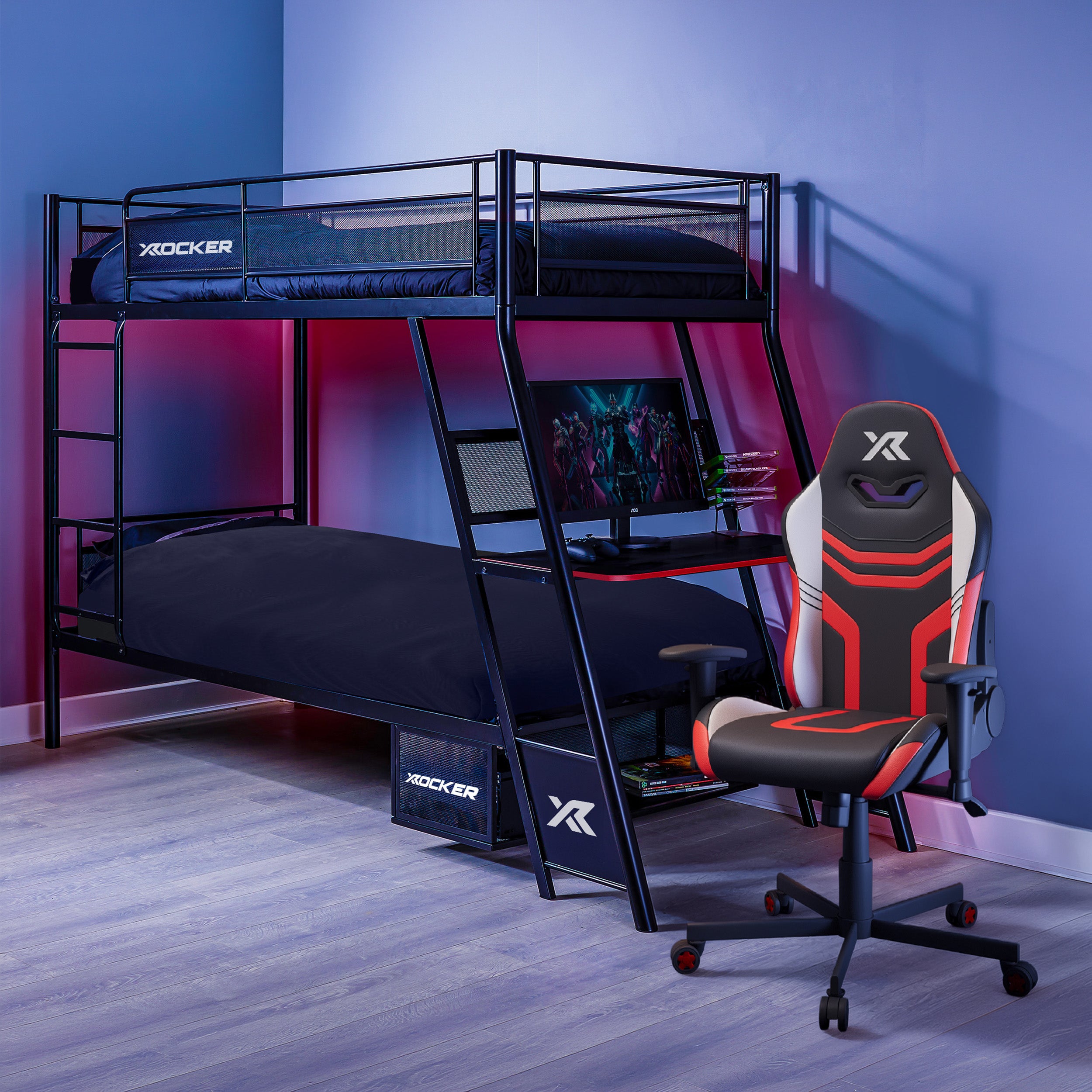 Agility Compact and Armada Dual Bunk Bed with Gaming Desk in Black / Red - Bundle