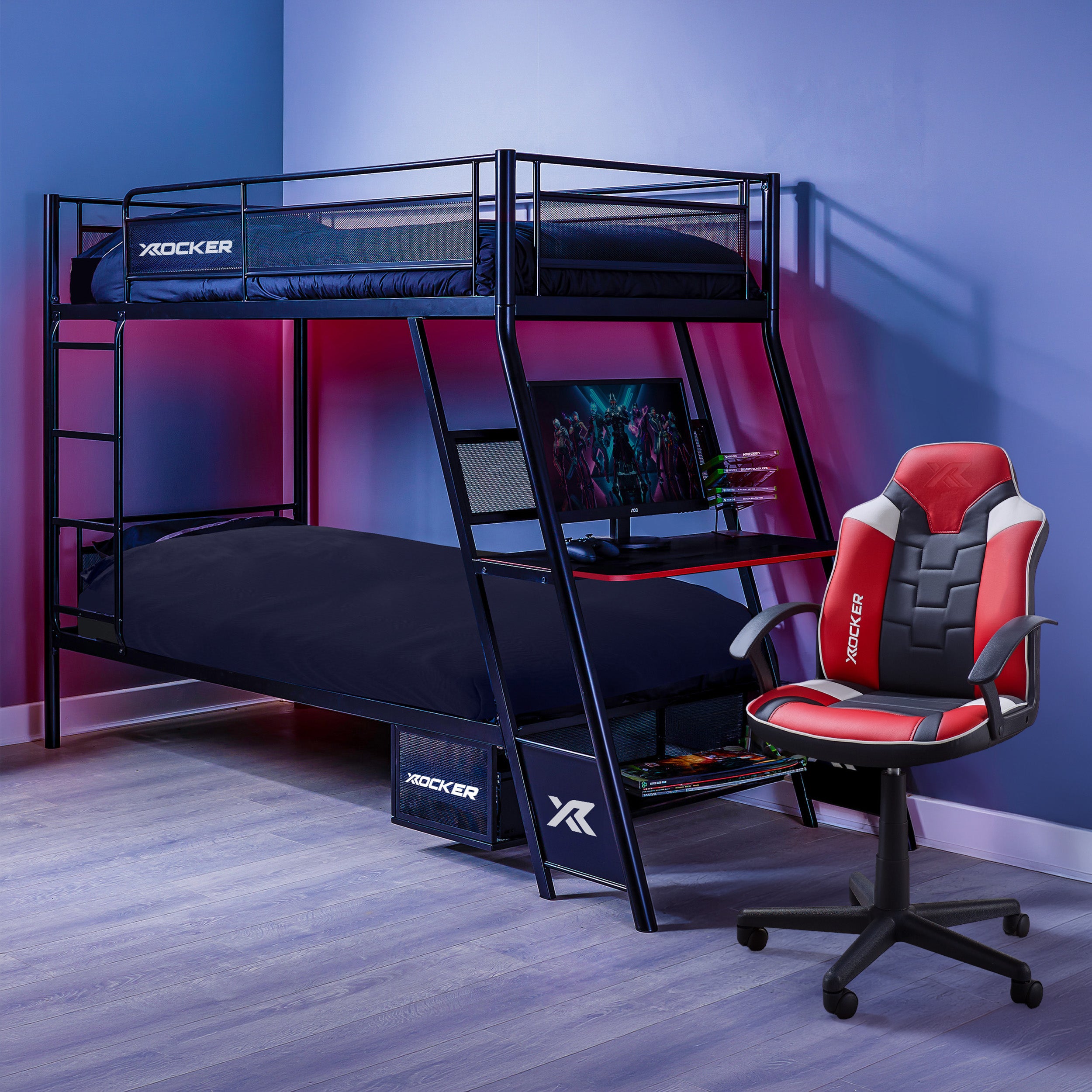 Saturn Mid-Back Esport Gaming Chair and Armada Dual Bunk Bed with Desk - Black / Red