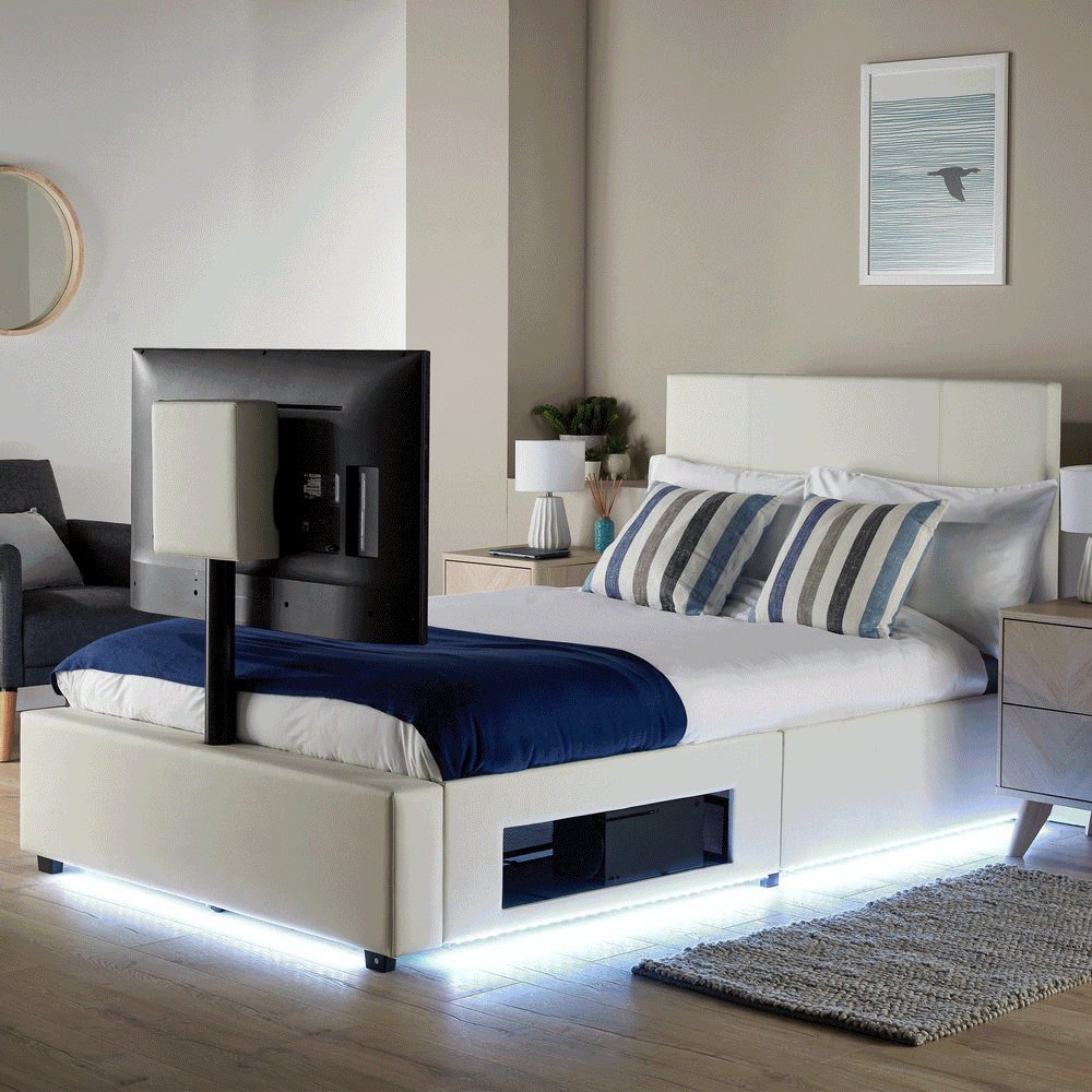 Ava Upholstered TV Bed with LED Lights - White (4 Sizes)