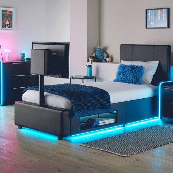Ava black TV bed with LED lights - luxury upholstered bed with a built in TV mount and under bed storage 
