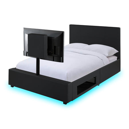 luxury black TV bed with soft touch upholstery LED mood lighting and a built in space for a TV