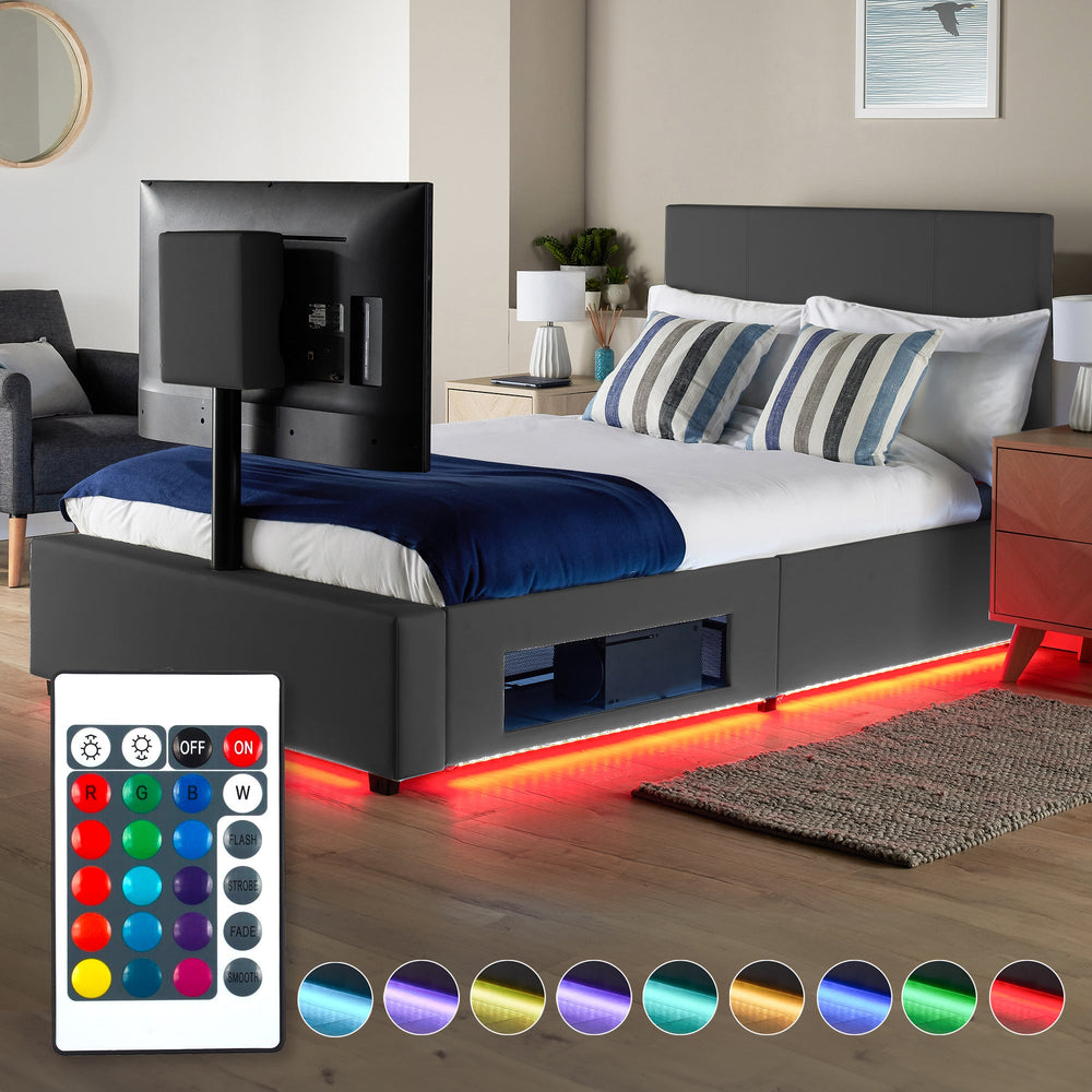 Ava Upholstered TV Bed with LED Lights - Grey (4 Sizes)