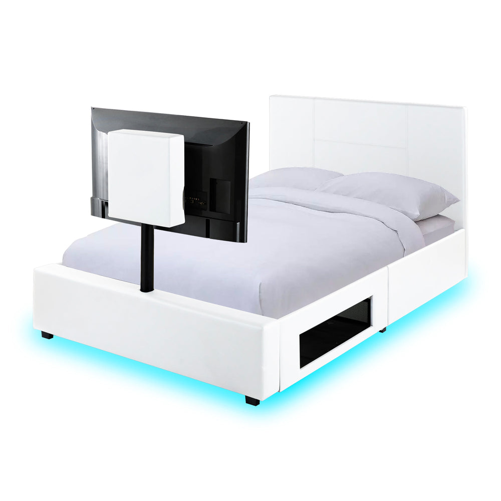 Smart white TV bed with a rotating TV mount built in LED strip lighting and a plush upholstered headboard for 