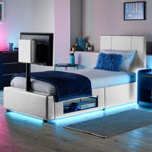 Ava Upholstered TV Bed with LED Lights - White (4 Sizes)