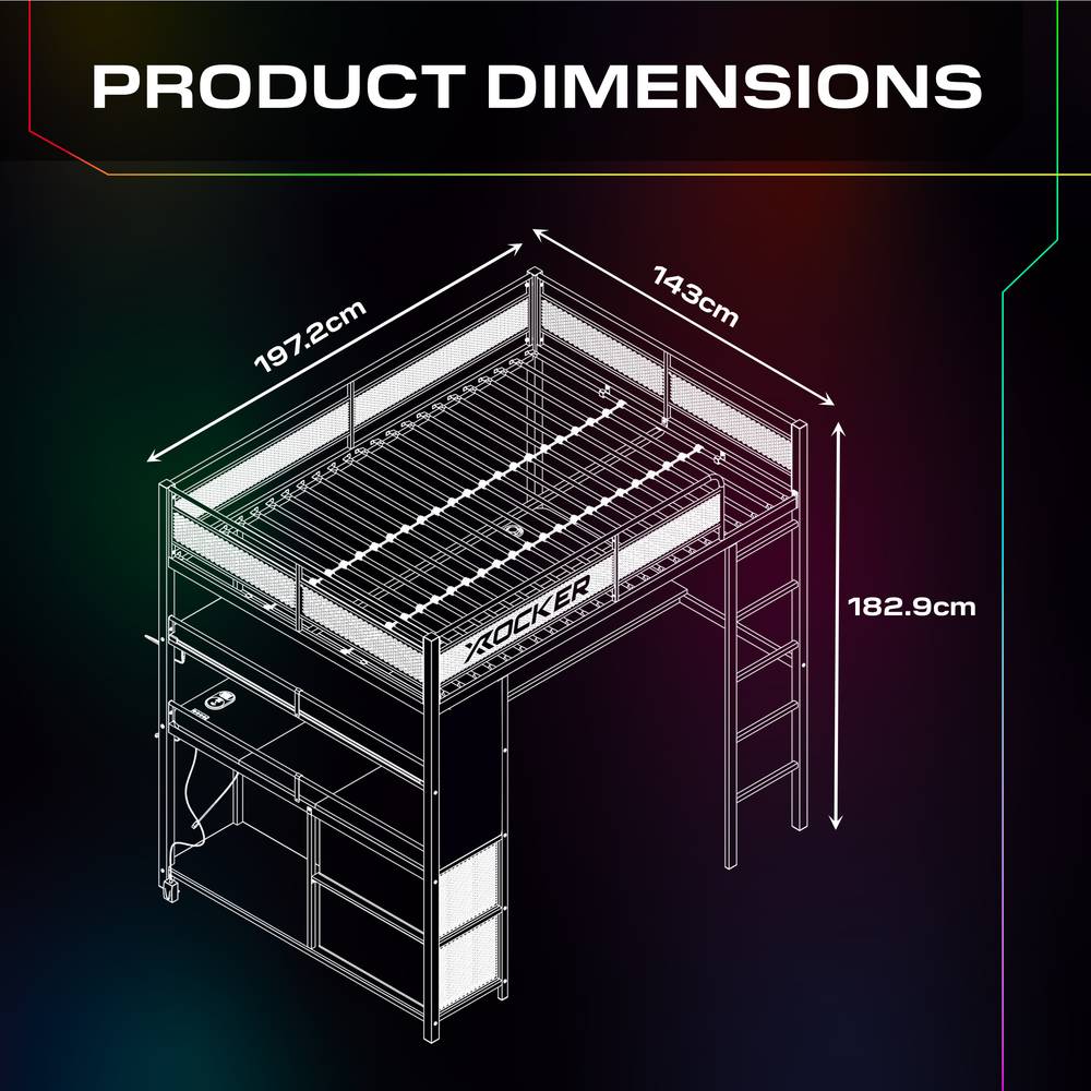 Battlebunk XL Infinity RGB Double High Sleeper Bunk Bed - Black - Black