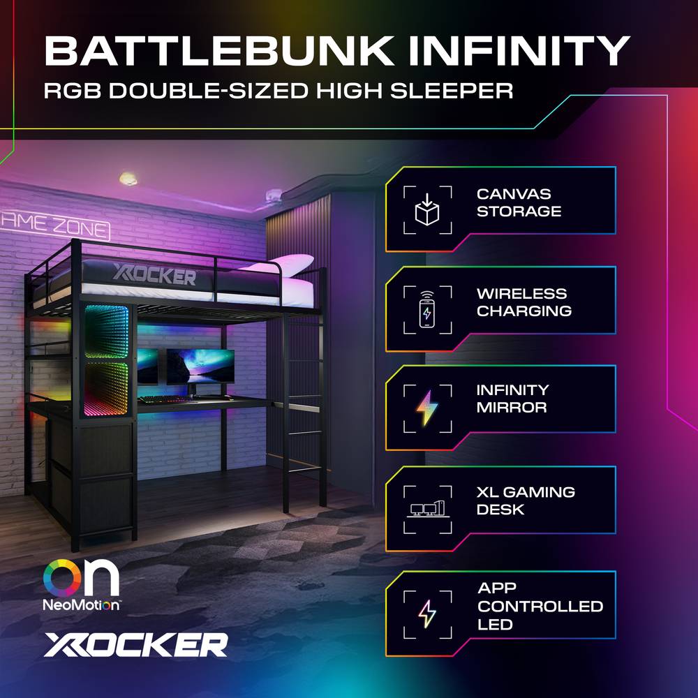 Battlebunk XL Infinity RGB Double High Sleeper Bunk Bed - Black - Black