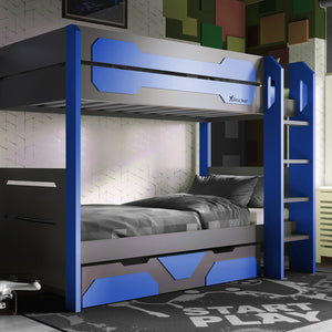 Battalion Gaming Bunk Bed with Trundle Drawers - Blue