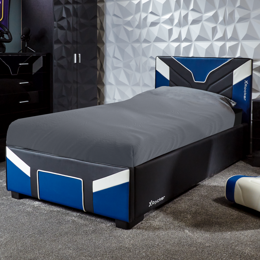 X Rocker cerberus MK11 Ottoman Gaming Bed, stylish blue gaming bed with a padded headboard and spacious under bed storage. 