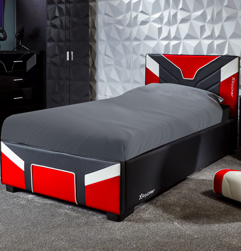 X Rocker cerberus MK11 ottoman Gaming Bed - red gaming bed with storage padded headboard, and sleek upholstered design.