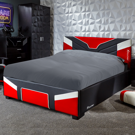 X Rocker cerberus MK11 Ottoman Gaming Bed bold red upholstered gaming bed with a lift up storage compartment 