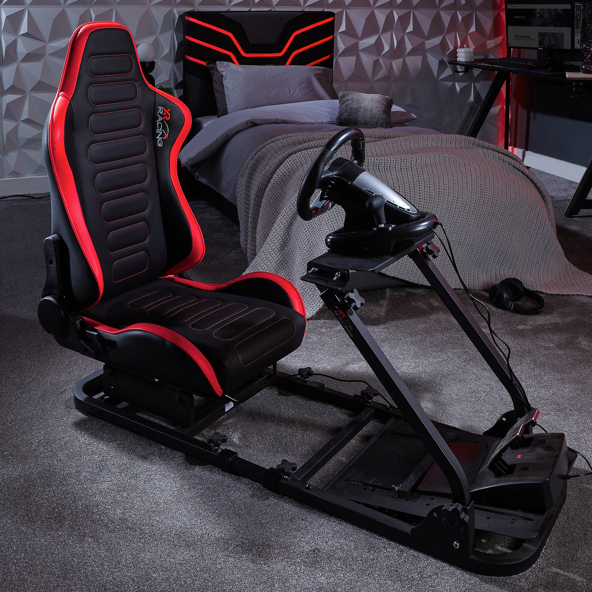 XR Racing Sim Cockpit Gaming Chair and Racing Rig Wheel Stand - Black / Red