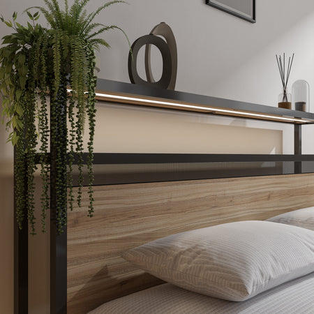 side view of the X Rocker Denver Ottoman Double Bed, showcasing its sleek black steel frame and oak panel headboard.