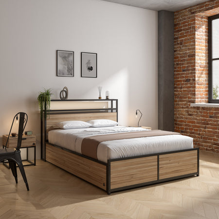 Front facing image of the Denver ottoman double bed highlighting the minimalist and industrial design with oak wooden panelling. 