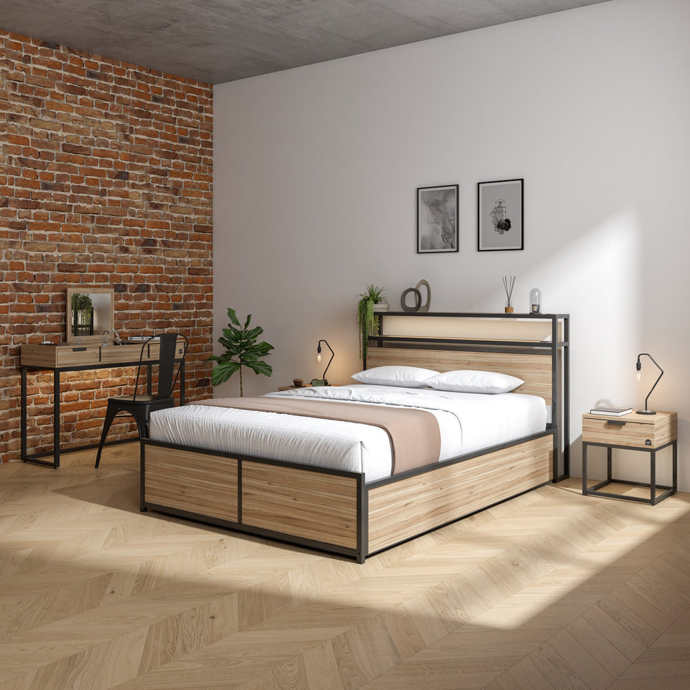 X Rocker Denver Ottoman Double Bed in oak and black featuring a black steel frame with oak wooden melamine panelling or a modern industrial