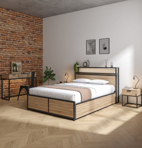 X Rocker Denver Ottoman Double Bed in oak and black featuring a black steel frame with oak wooden melamine panelling or a modern industrial