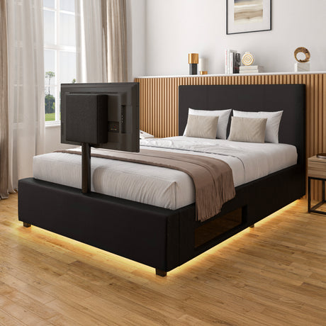 Ava Upholstered TV Bed with LED Lights - Black (4 Sizes)