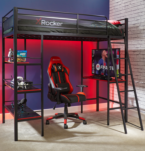 Fortress High Sleeper Gaming Bunk Bed with Shelves - Black