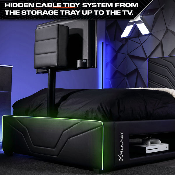 Sleek black gaming bed with RGB lighting for immersive setups