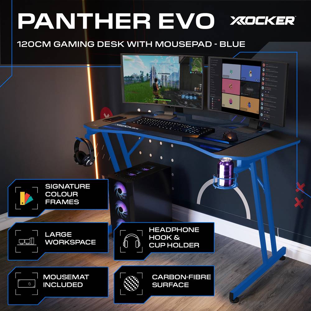 Panther Evo 120cm Gaming Desk with Mousepad - Blue - Black