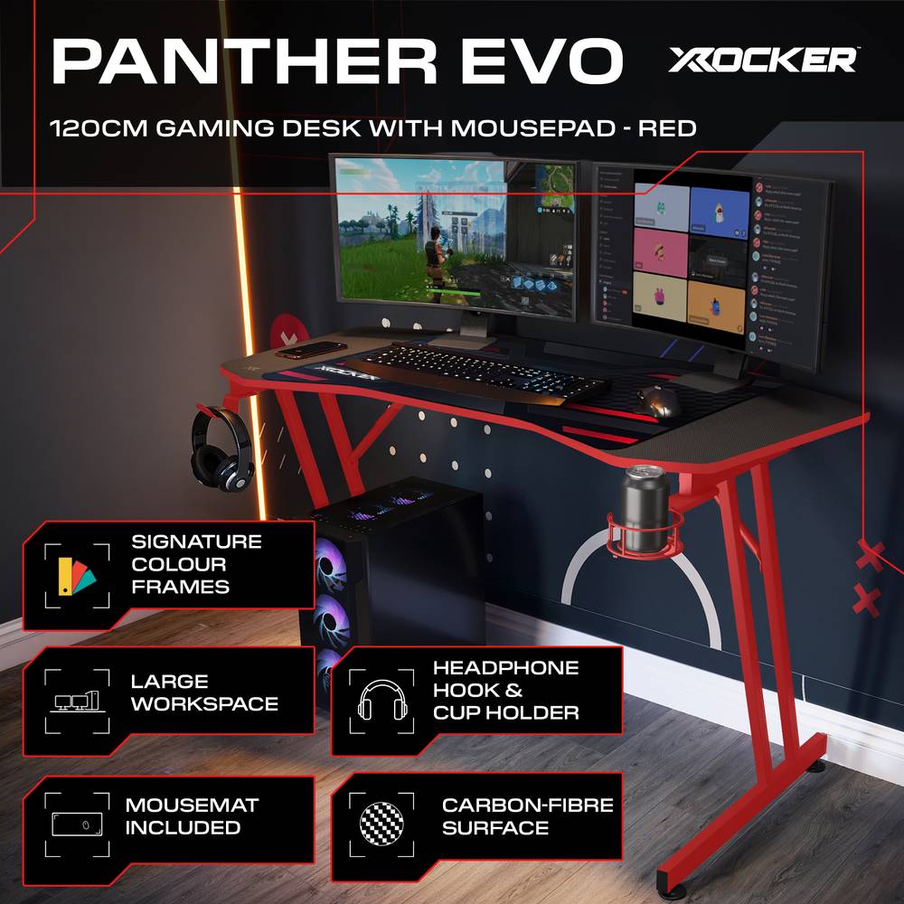 Panther Evo 120cm Gaming Desk with Mousepad - Red - Black
