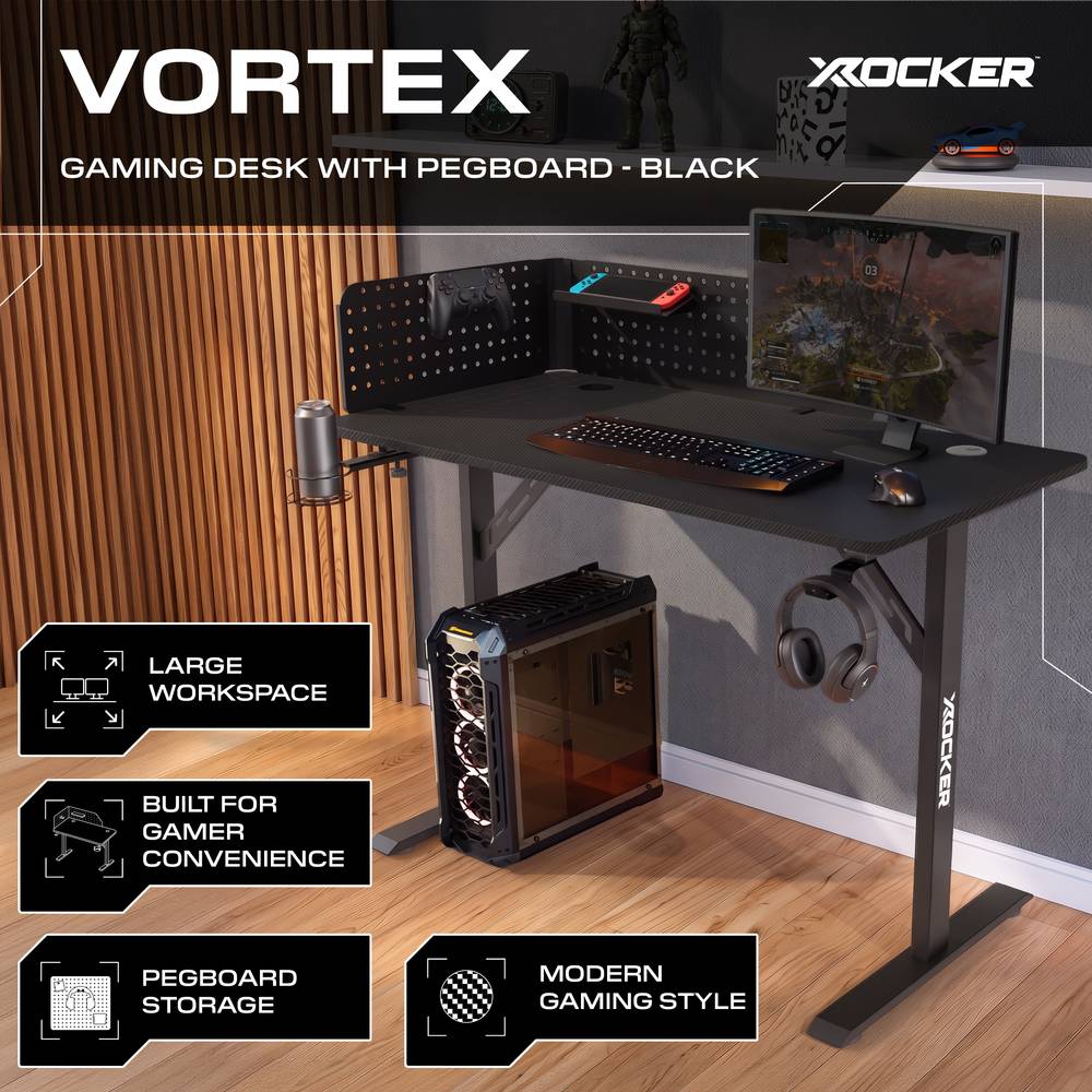 Vortex Gaming Desk with Pegboard Shelves - Black