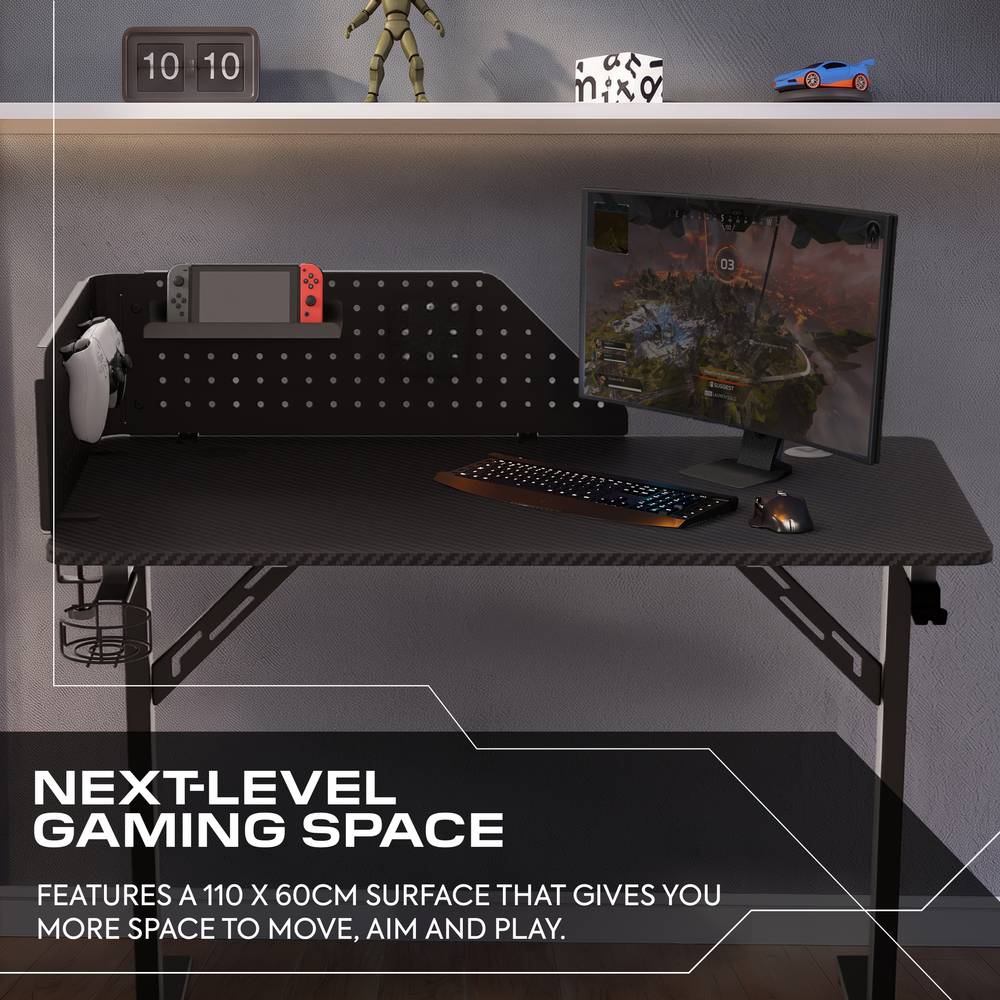 Vortex Gaming Desk with Pegboard Shelves - Black