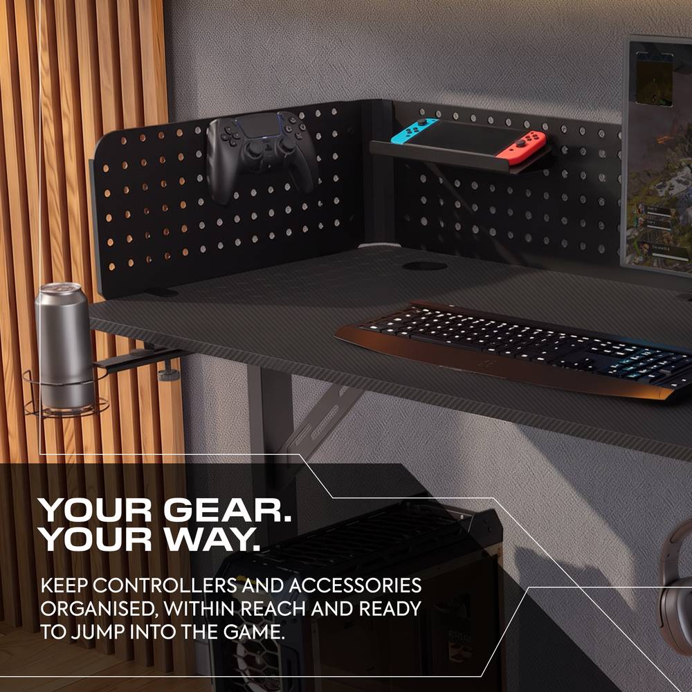 Vortex Gaming Desk with Pegboard Shelves - Black