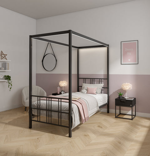 Fern Four Poster Bed with LED Lighting - Black (2 Sizes)