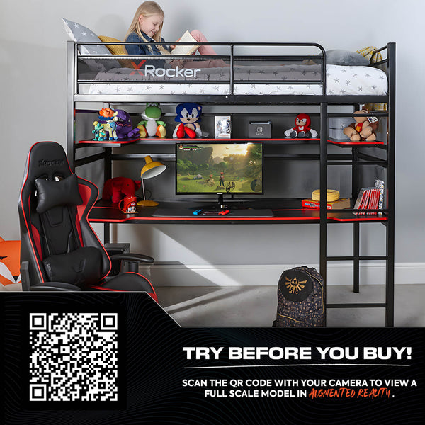 X rocker Battlebunk gaming bunk bed with a full setup, featuring a high sleeper bed, gaming desk, and a young girl sitting on the top bunk, with a gaming chair positioned below