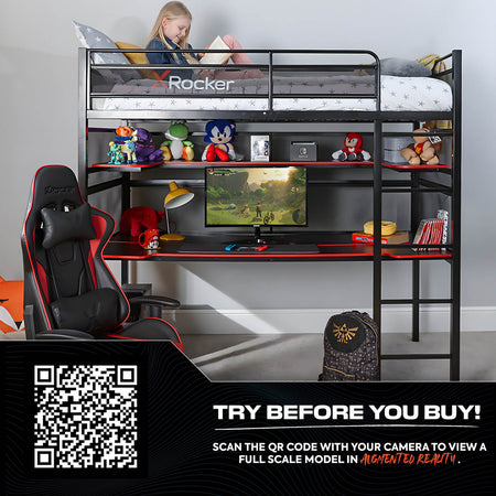 X rocker Battlebunk gaming bunk bed with a full setup, featuring a high sleeper bed, gaming desk, and a young girl sitting on the top bunk, with a gaming chair positioned below