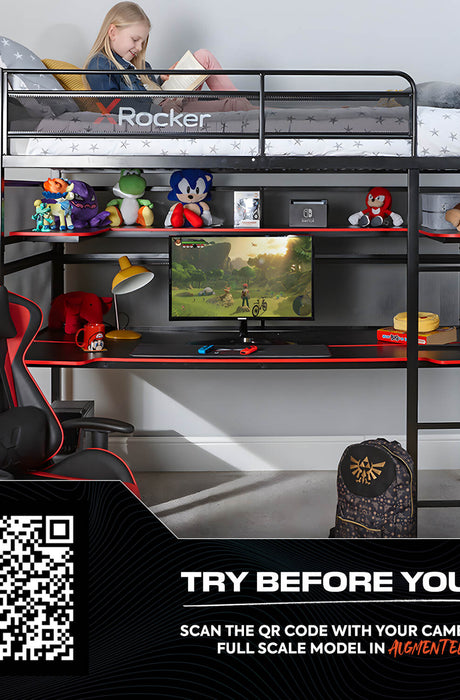 X rocker Battlebunk gaming bunk bed with a full setup, featuring a high sleeper bed, gaming desk, and a young girl sitting on the top bunk, with a gaming chair positioned below