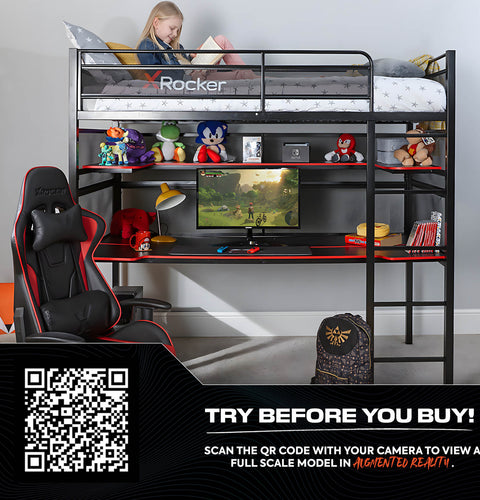 X rocker Battlebunk gaming bunk bed with a full setup, featuring a high sleeper bed, gaming desk, and a young girl sitting on the top bunk, with a gaming chair positioned below