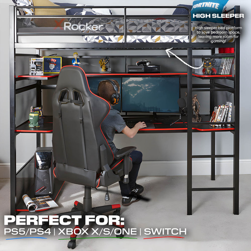 full setup of X rocker Battlebunk gaming bunk bed, featuring a high sleeper bed, spacious gaming desk, and a child sitting in a gaming chair playing a video game