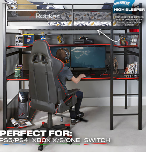 full setup of X rocker Battlebunk gaming bunk bed, featuring a high sleeper bed, spacious gaming desk, and a child sitting in a gaming chair playing a video game